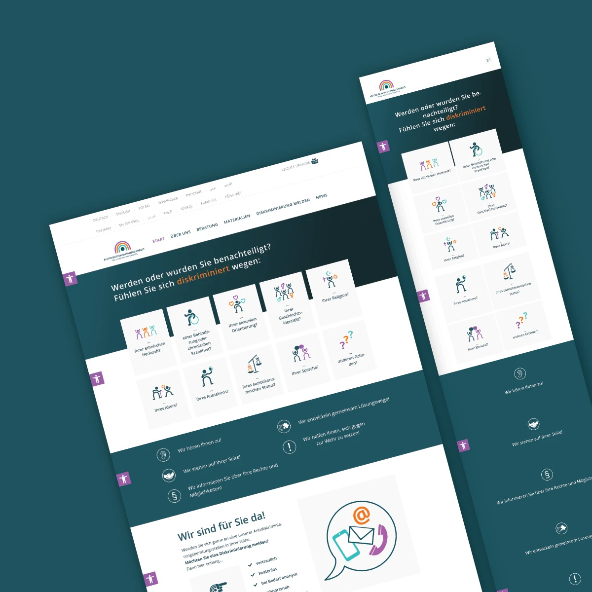 Responsives Webdesign für eine Antidiskriminierungsberatungsstelle – barrierefreie Umsetzung mit Icons, mehrsprachiger Navigation und klarer Nutzerführung