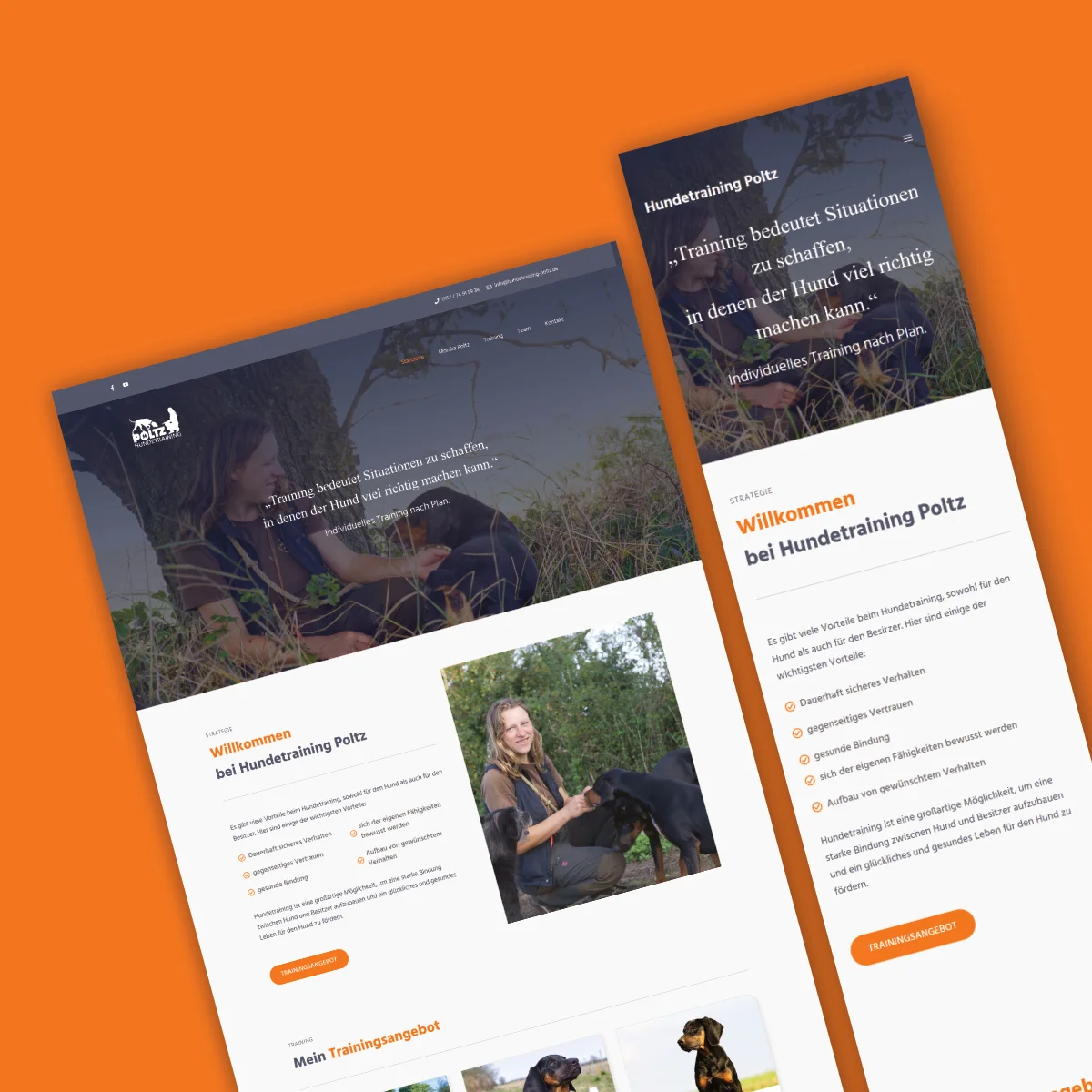 Website-Design von Hundetraining Poltz – Desktop- und Mobilansicht mit Trainingsangebot, Trainerin mit Hund und Zitat über individuelles Hundetraining