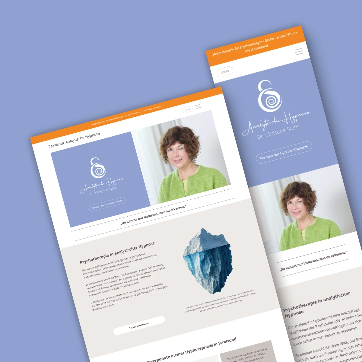 Website-Design der Hypnosepraxis Dr. Christine Stöhr in Stralsund – Desktop- und Mobilansicht mit Praxislogo, Portraitfoto und Eisberg-Symbol
