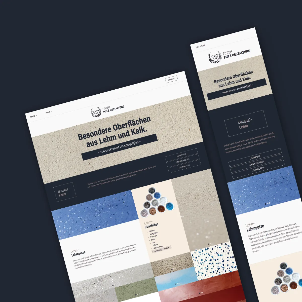 Webdesign für Finish Putzgestaltung – moderne Website mit Desktop- und Mobilansicht, die besondere Oberflächen aus Lehm und Kalk zeigt