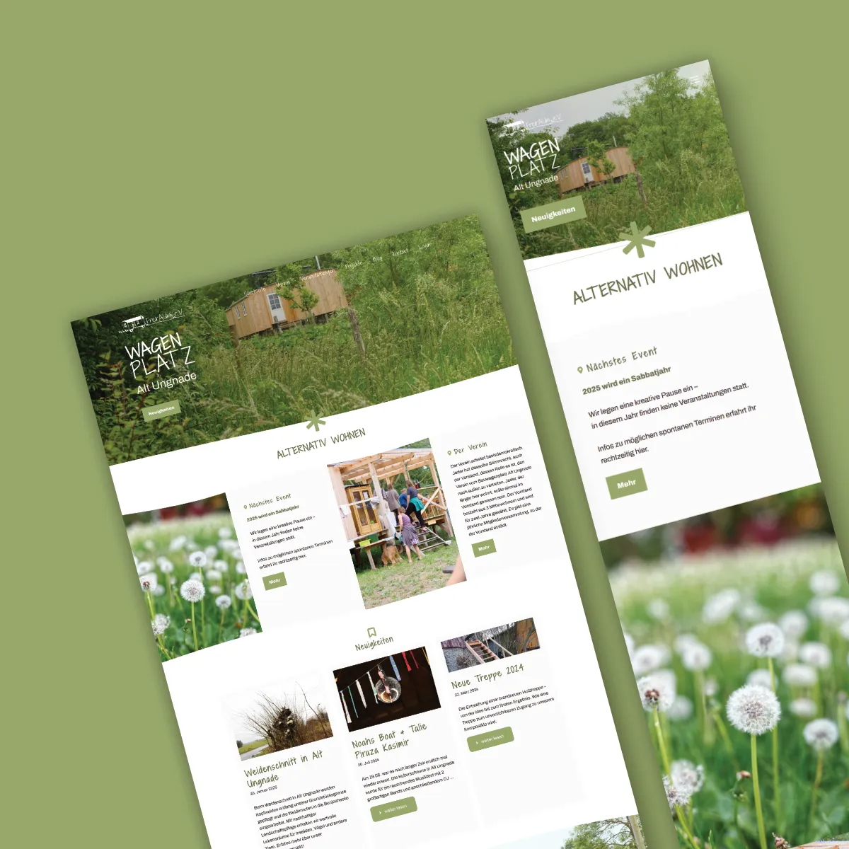 Webdesign für den Wagenplatz Alt Ungnade – Desktop- und Mobilansicht der Website mit Infos zu alternativem Wohnen, Veranstaltungen und Naturaufnahmen