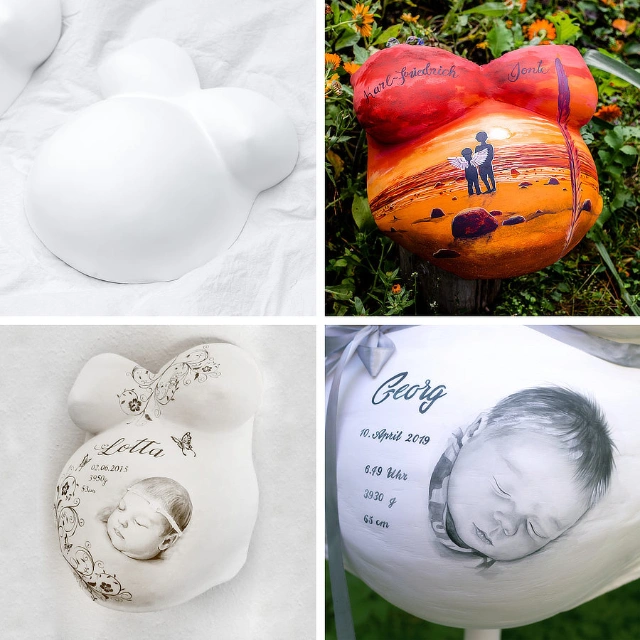 Galerie mit vier Babybauch-Gipsabdrücken – von schlichtem Abdruck bis zu individuell bemalten Erinnerungsstücken mit Porträts, Namen und Motiven

