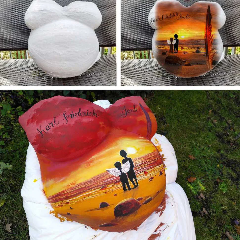 Gipsbauch Vorher-Nachher: vom rohen Abdruck zur kunstvoll bemalten Erinnerung mit Sonnenuntergang, Kindern und Flügeln – personalisiert mit Namen