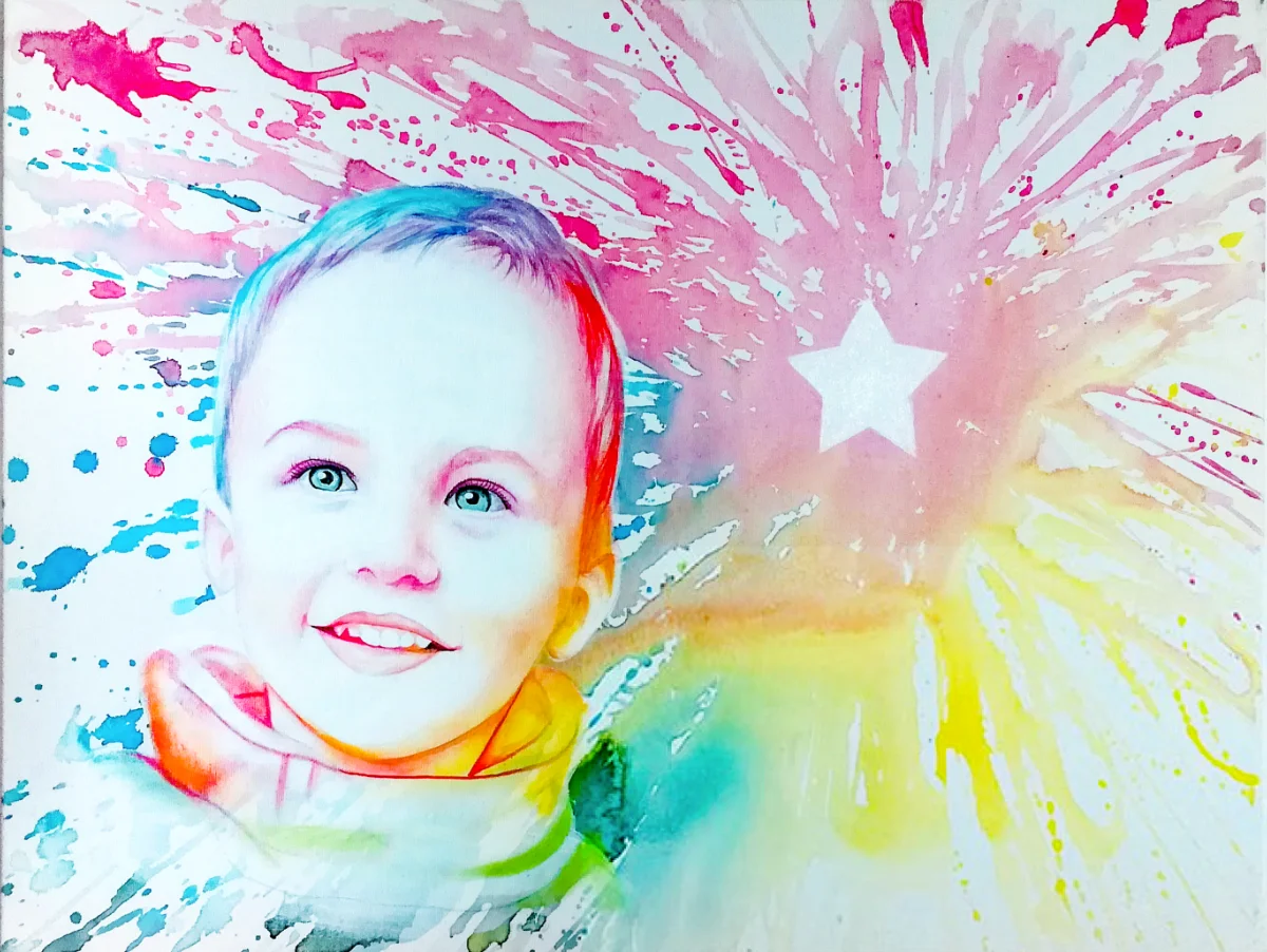 Kreatives Kinder-Klecks-Portrait eines Jungen mit buntem Sternen-Hintergrund – individuelle Auftragsmalerei von cy-DESIGN