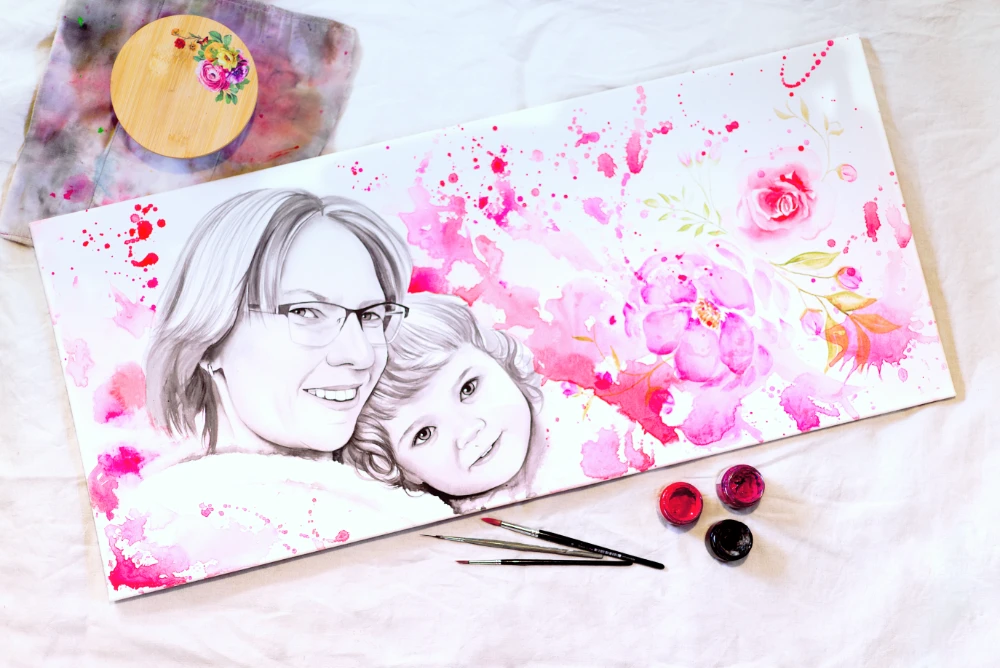 Individuelles Portrait von Mutter und Kind mit rosa Blüten und Farbspritzern – gemalt von cy-DESIGN