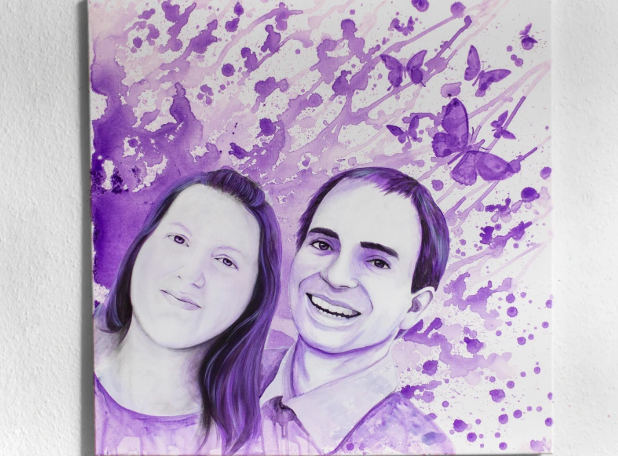 Lila Portraitmalerei eines Paares mit Schmetterlingen – Kundenbewertung bei cy-DESIGN