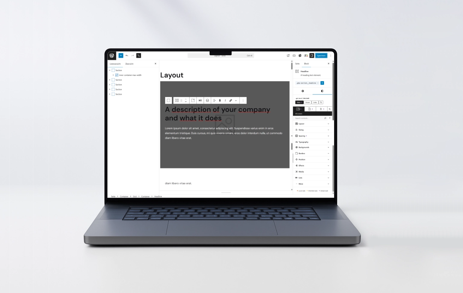 Laptop mit geöffnetem WordPress-Editor zur Layout-Gestaltung einer Webseite
