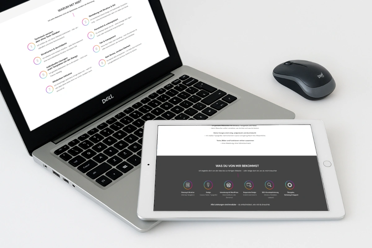 Webdesign-Portfolio auf Dell-Laptop und iPad – moderne Gestaltung für verschiedene Geräteformate
