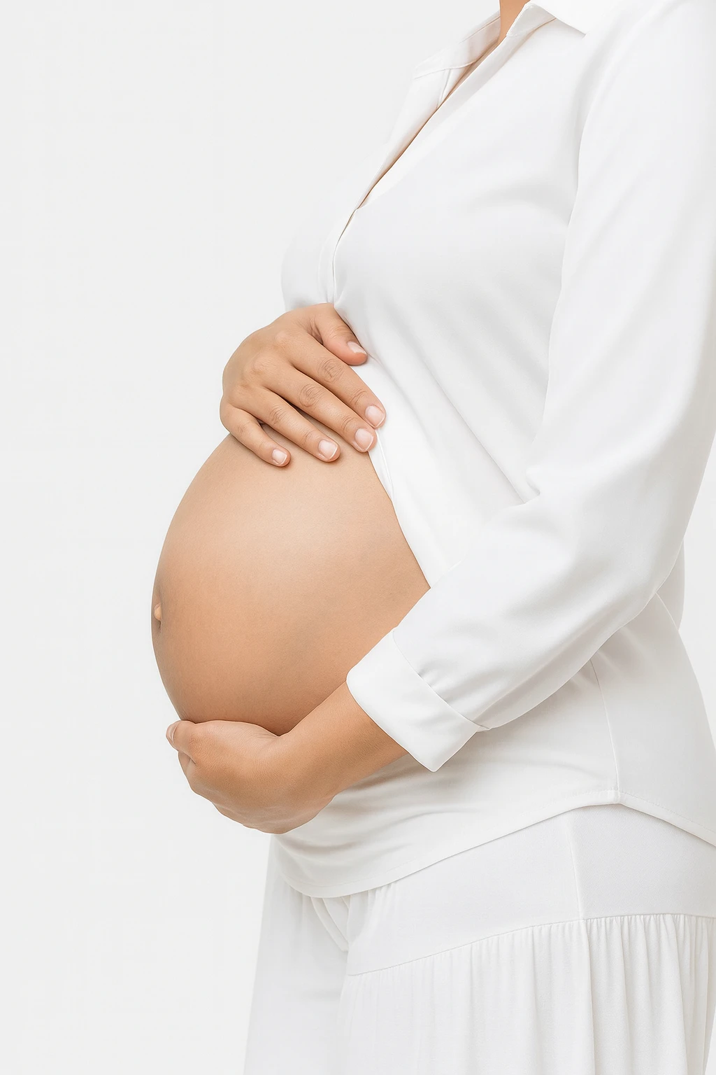 Seitliche Ansicht eines schwangeren Bauchs in weißem Outfit vor hellem Hintergrund – Babybauchbemalung mit cy-DESIGN