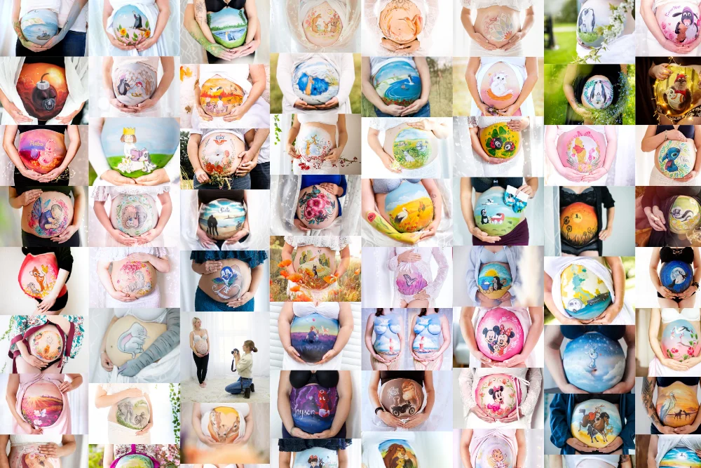 Galerie verschiedener Babybauchbemalungen – individuelle Motive mit Fantasie, Tieren, Natur und Disney-Figuren von cy-DESIGN aus Greifswald