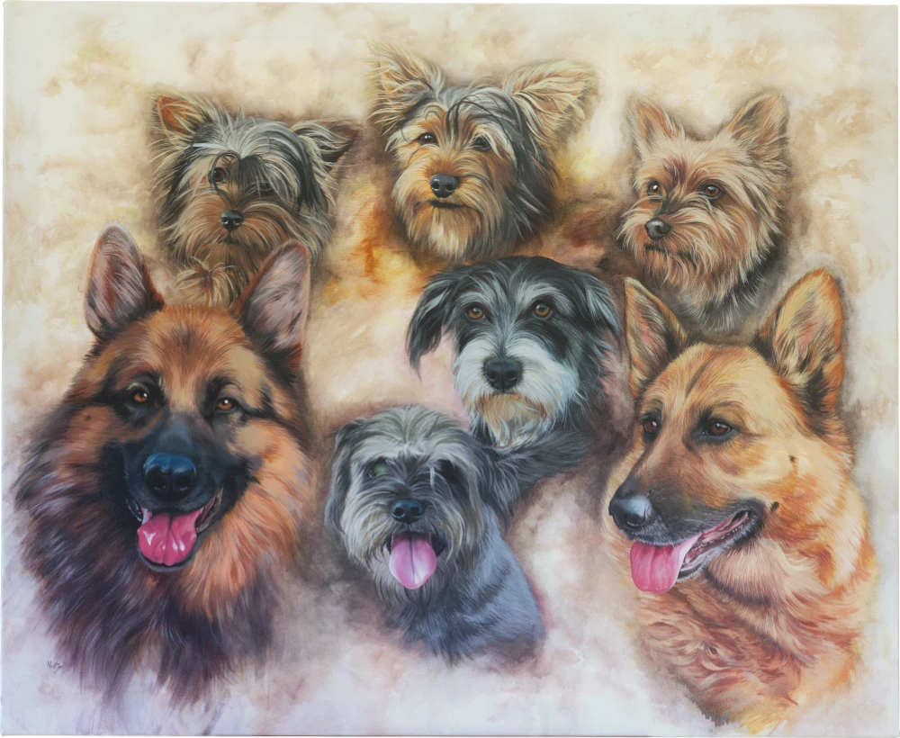 Fotorealistische Portraitmalerei von sieben Hunden, handgemalt auf Leinwand von cy-DESIGN in Greifswald