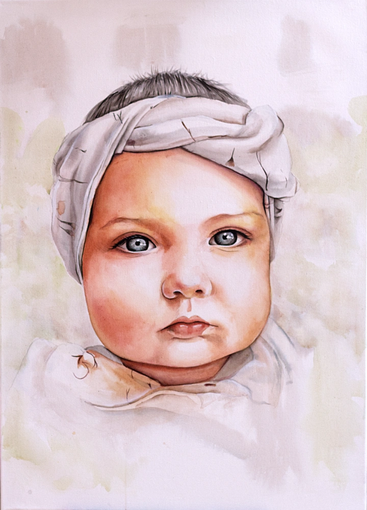 Klecksportrait eines Babys mit Turban-Stirnband, handgemaltes Acrylportrait auf Leinwand von cy-DESIGN in Greifswald