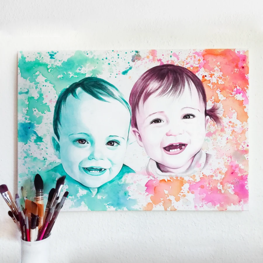 Klecksportrait zweier Kinder mit blau-rosa Hintergrund, handgemaltes Acrylportrait auf Leinwand von cy-DESIGN in Greifswald